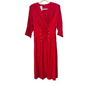 Nina Piccalino Sz 8 Vintage Red 3/4 Sleeve Pleated Button Front Dress Tie Back